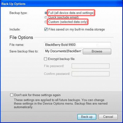 BlackBerry Desktop Software Backup Options