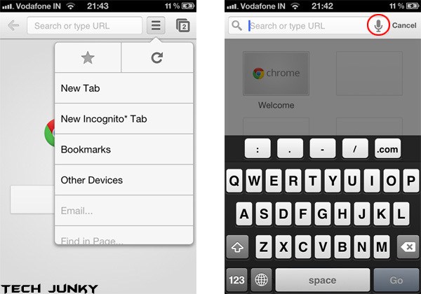 Google Chrome for iPhone - Address bar, Layout and Speak Now button