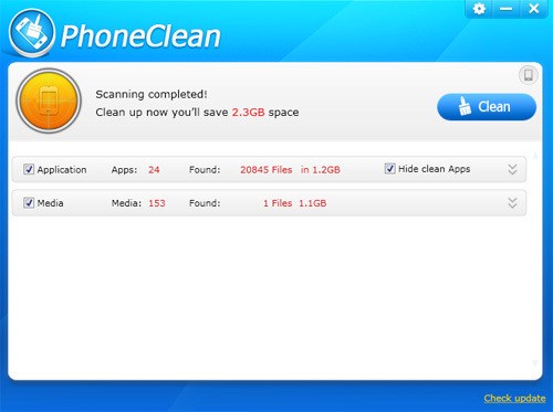 PhoneClean Interface Free Up Disk Space on iPhone